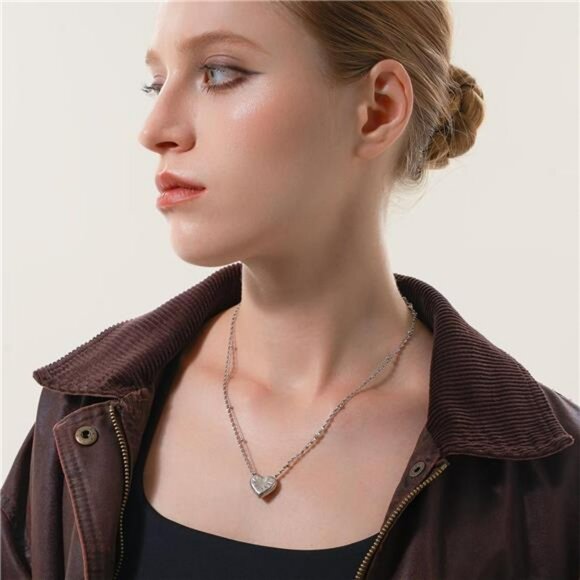 Sterling Silver Heart Pendant Necklace Layered Chain Dainty Jewelry Gift for Wom - Picture 5 of 7